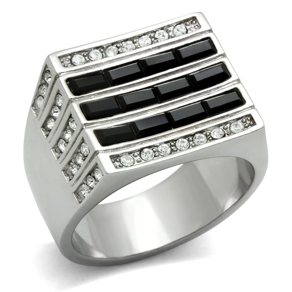 Stainless Steel Black Onyx Baguette Channel CZ Pave Mens Ring