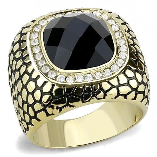 Stainless Steel Gold IP Black Onyx Cushion CZ Halo Crackle Ring