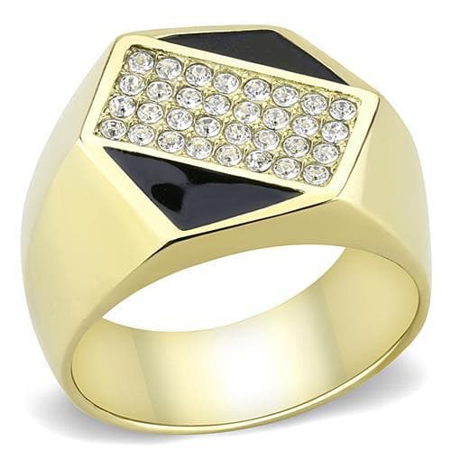 Stainless Steel Gold IP Black Onyx Rectangle CZ Pave Diamond Ring
