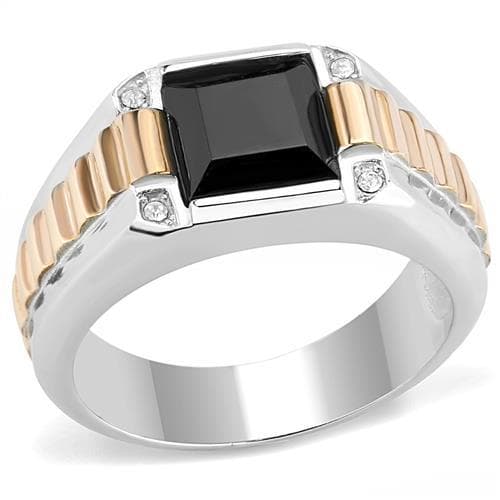 Stainless Steel Two-Tone Rose Gold Black Onyx Square CZ Ring