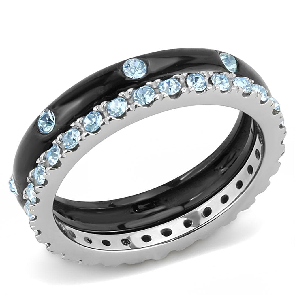 Stainless Steel Black IP Aquamarine CZ Channel Eternity Band Ring