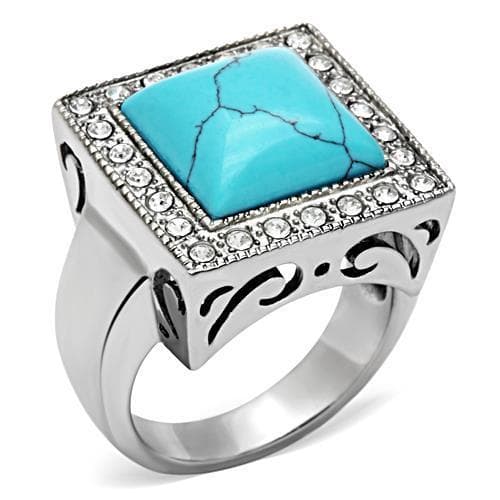Stainless Steel Turquoise Square CZ Halo Scroll Filigree Ring