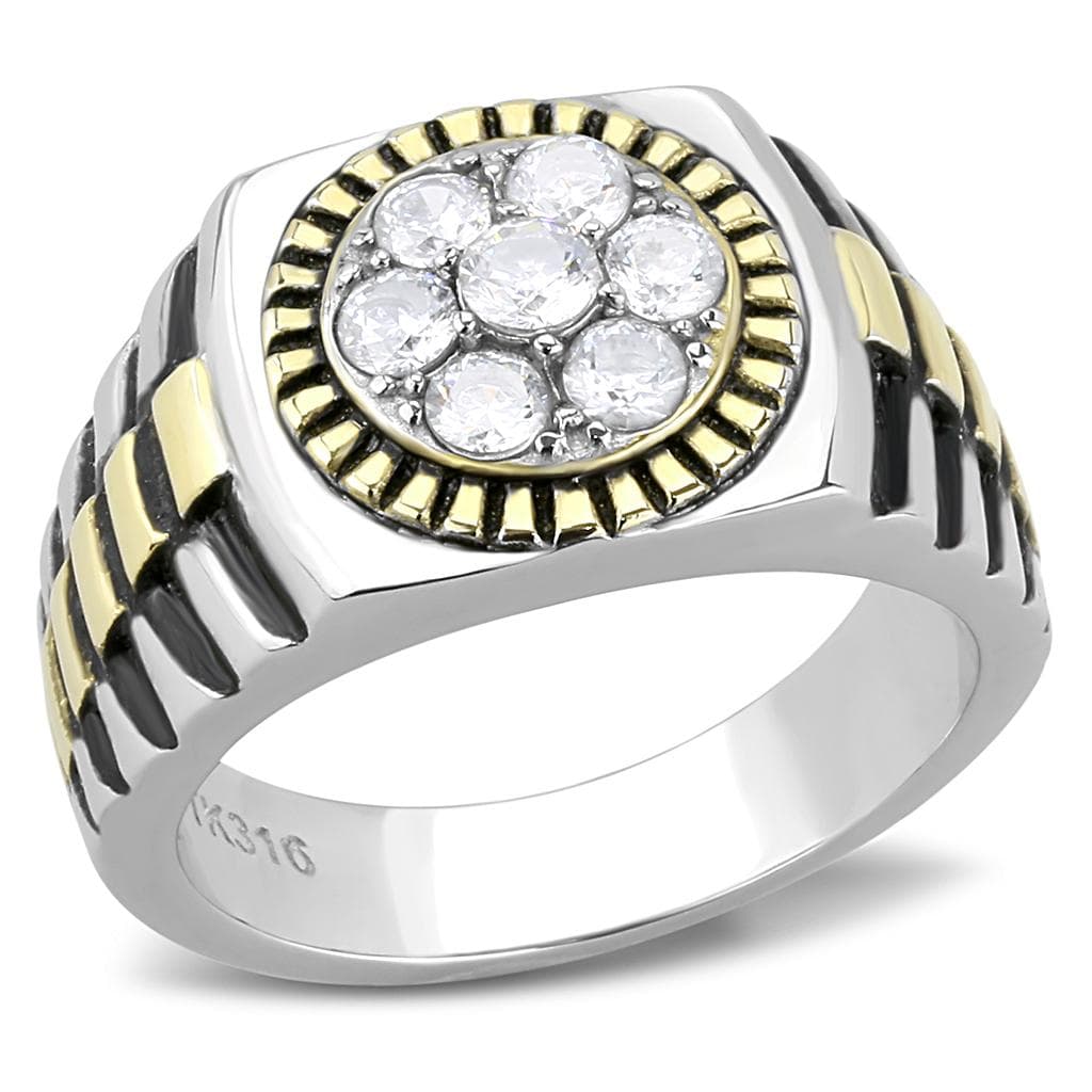 Stainless Steel Two-Tone Gold CZ Round Cluster Ribbed Mens Ring