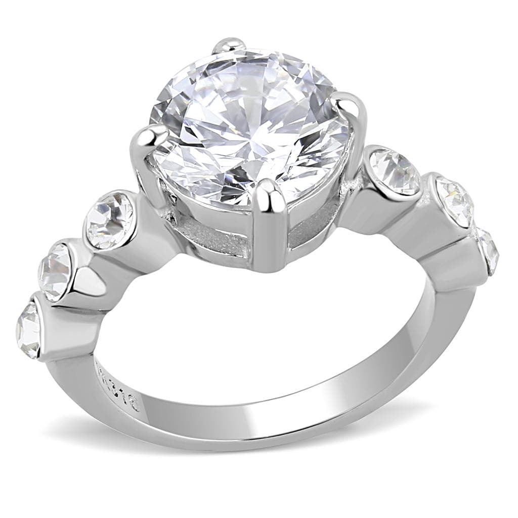 Stainless Steel CZ Round Heart Side Stone Solitaire Ring