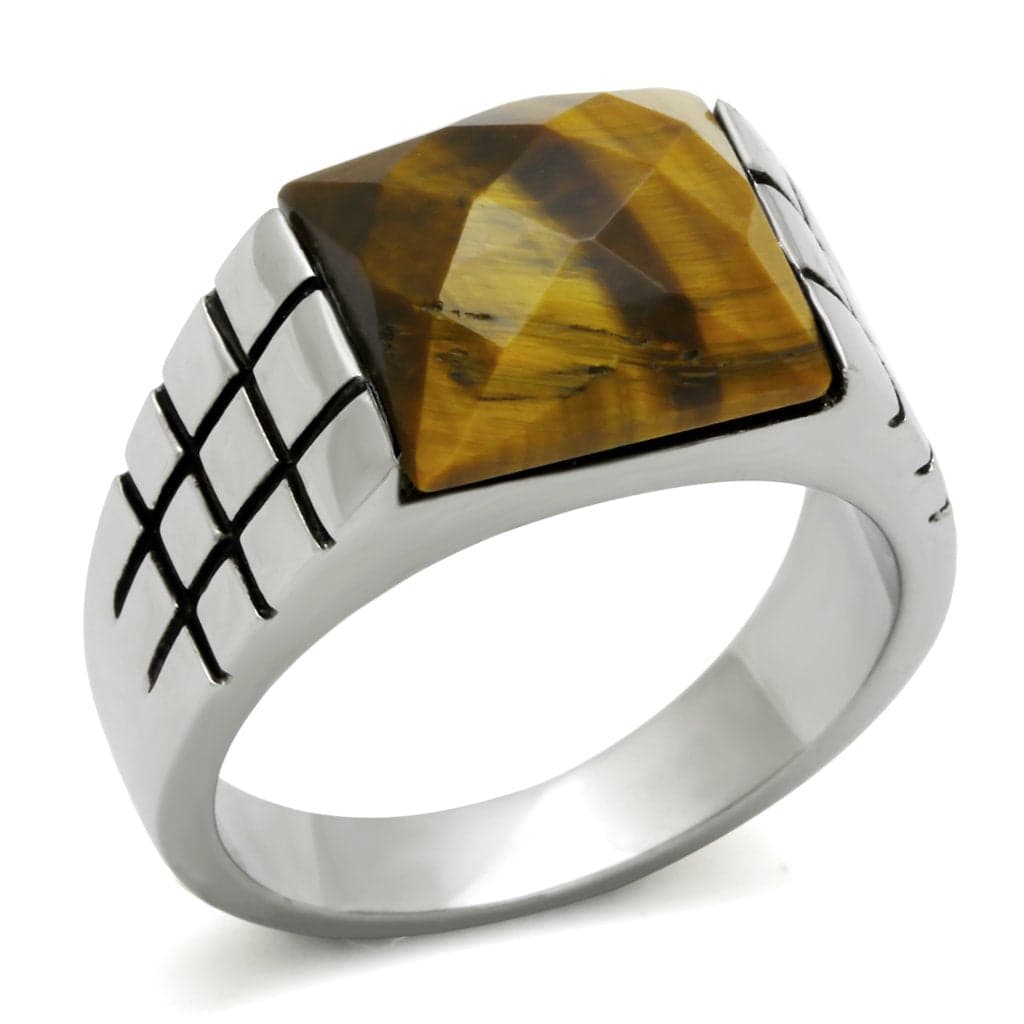 Stainless Steel Tiger Eye Square Cabochon Crosshatch Carved Ring