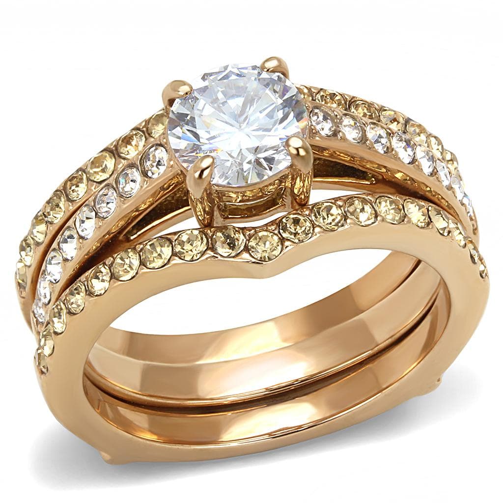 Stainless Steel Rose Gold IP CZ Round Pave Solitaire Stack Ring