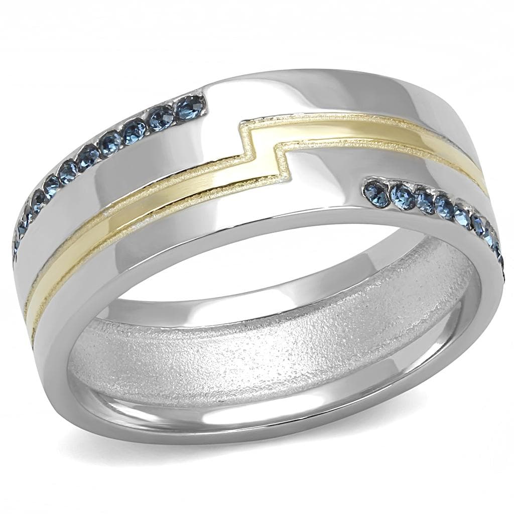Stainless Steel Two-Tone Gold Silver Blue CZ Channel Ring
