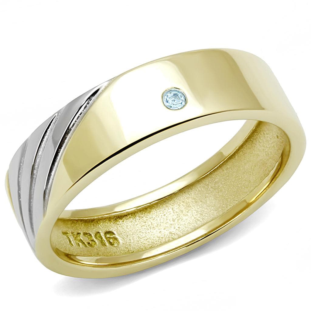 Stainless Steel Gold IP Aquamarine CZ Bezel Polished Satin Ring