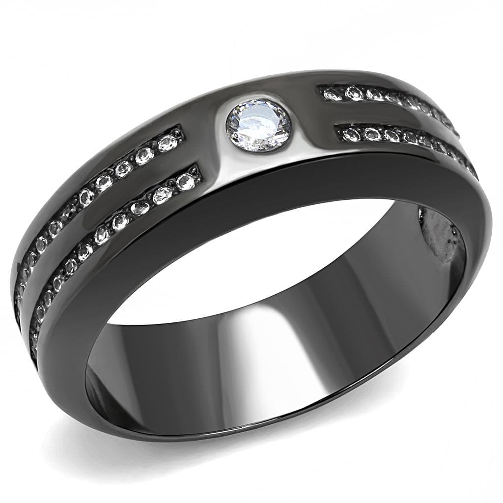 Stainless Steel Black IP CZ Bezel Channel Cross Band Ring