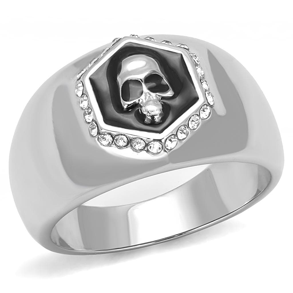 Stainless Steel Silver Skull CZ Halo Hexagon Signet Biker Ring