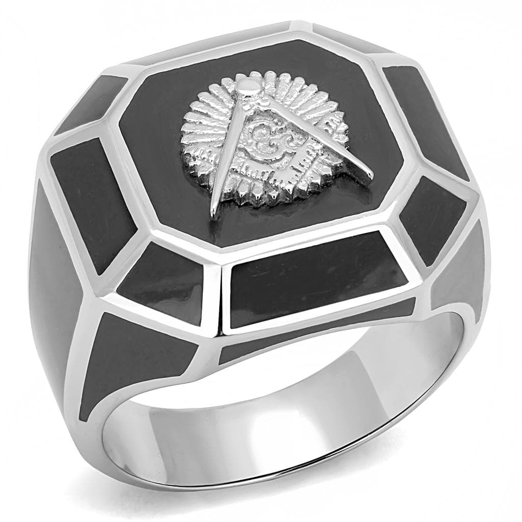 Stainless Steel Silver Black Enamel Masonic Compass Ring