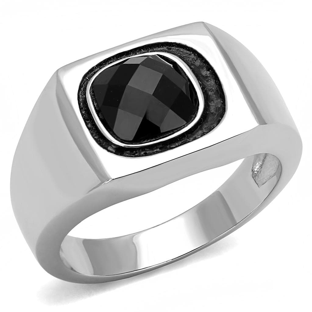 Stainless Steel Silver Black Onyx Cushion Faceted Polished Ring