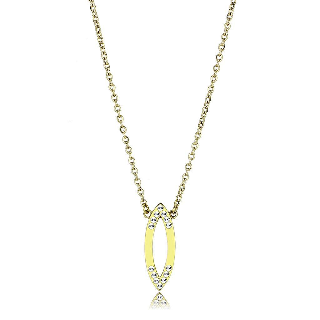 Stainless Steel Gold IP CZ Pave Marquise Leaf Pendant Necklace
