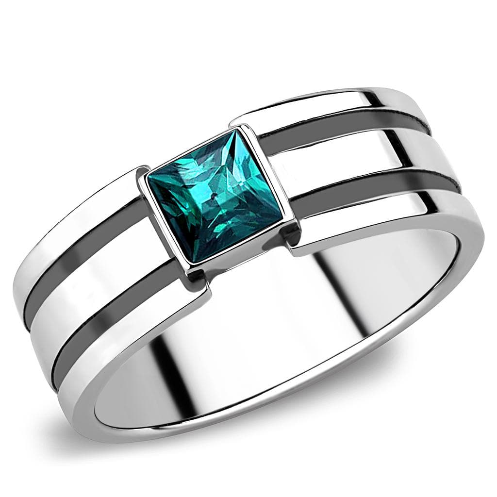 Stainless Steel Aquamarine Princess Square Stripe Band Mens Ring