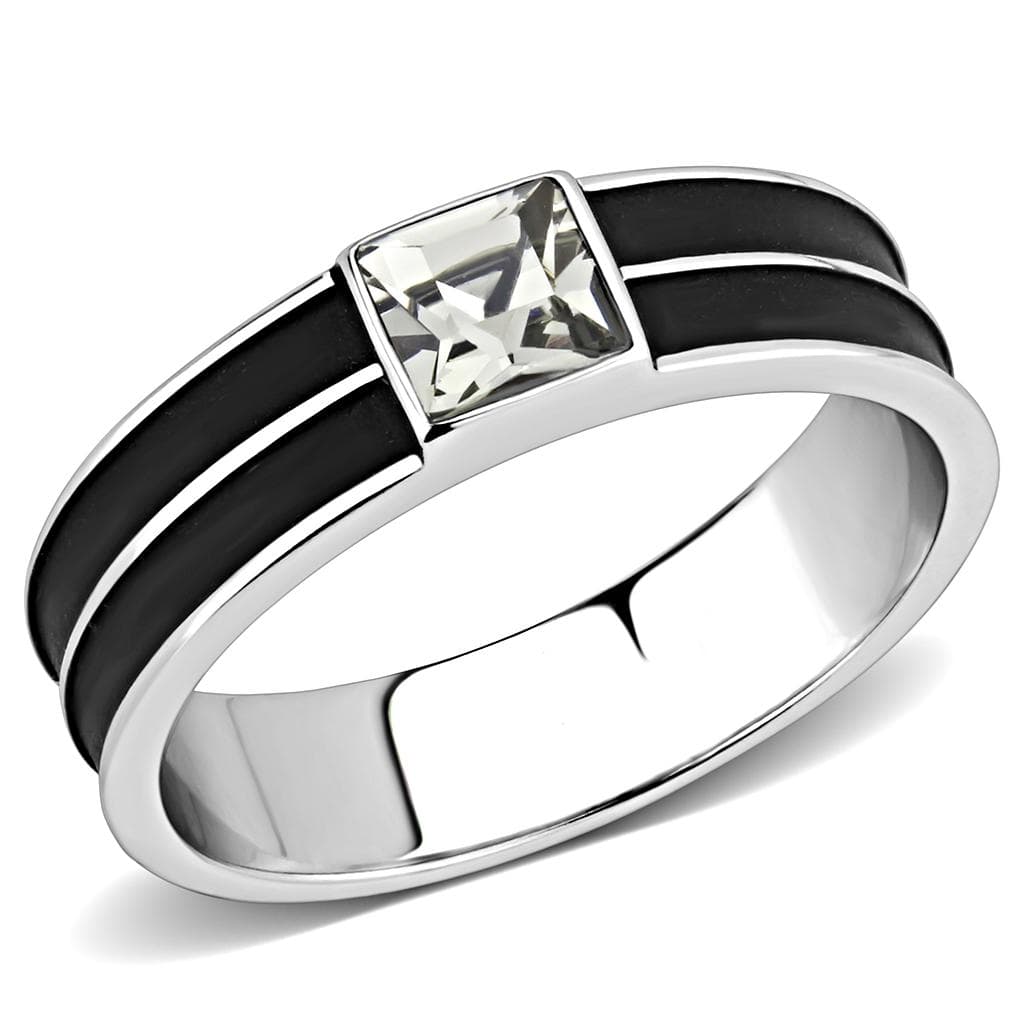 Stainless Steel Silver Black Enamel CZ Princess Star Band Ring
