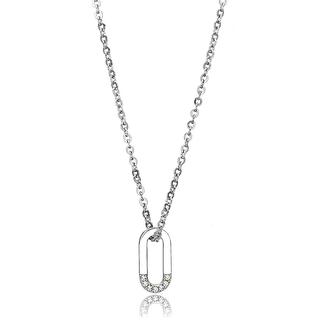 Stainless Steel Silver CZ Pave Paper Clip Link Pendant Necklace