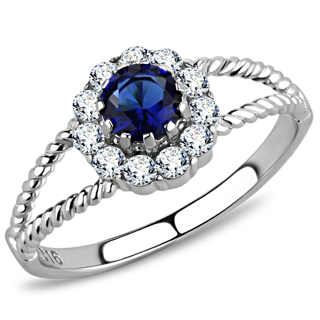 Stainless Steel Blue Sapphire Round CZ Halo Rope Twist Ring