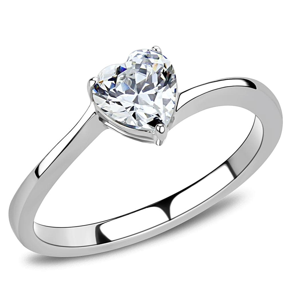 Stainless Steel CZ Heart Prong Thin Solitaire Ring