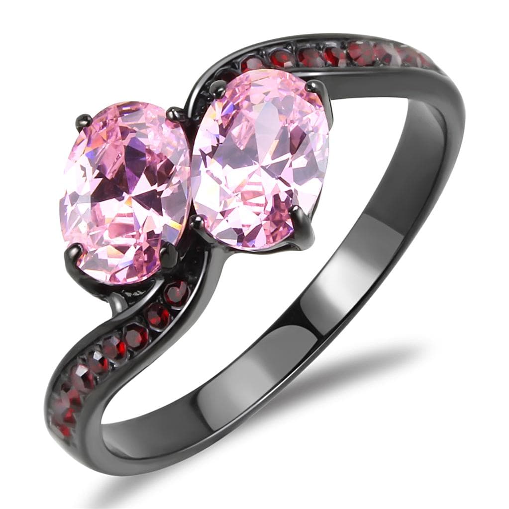 Stainless Steel Black IP Pink CZ Oval Double Stone Red Ring