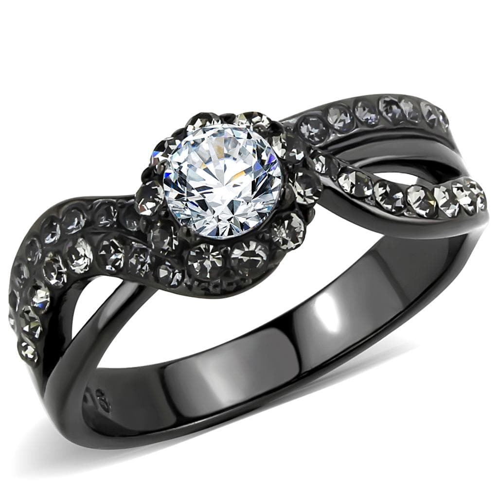 Stainless Steel Black IP CZ Round Pave Swirl Bypass Ring