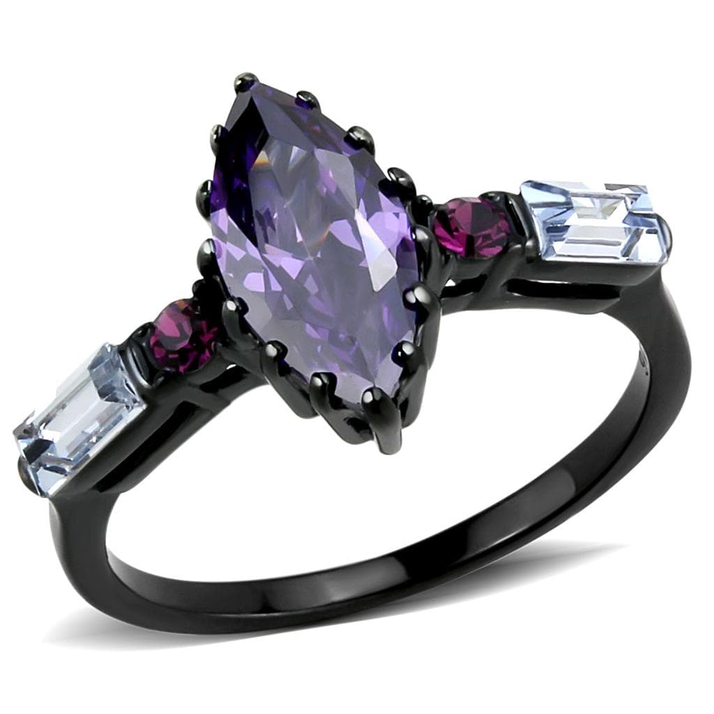 Stainless Steel Black IP Amethyst Marquise CZ Baguette Pink Ring
