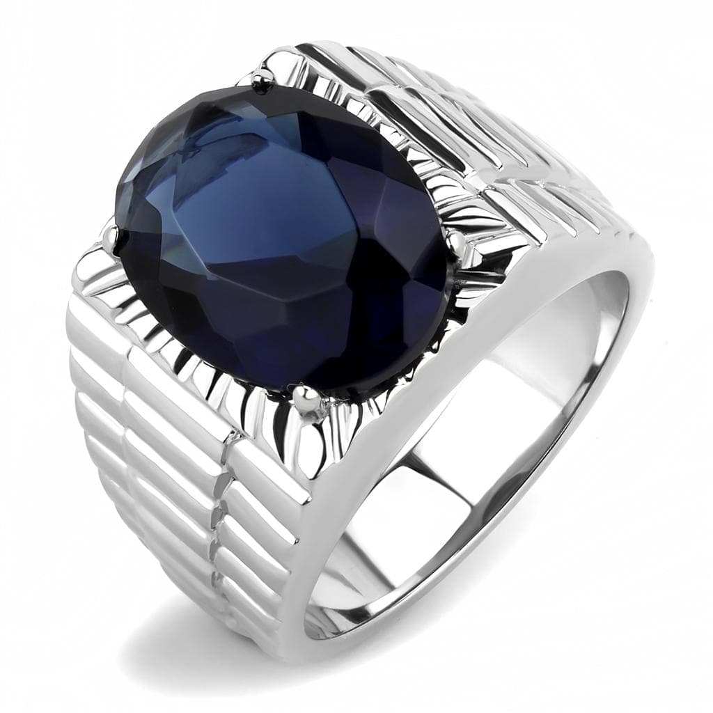 Stainless Steel Silver Blue Sapphire Oval CZ Fluted Ribbed Ring