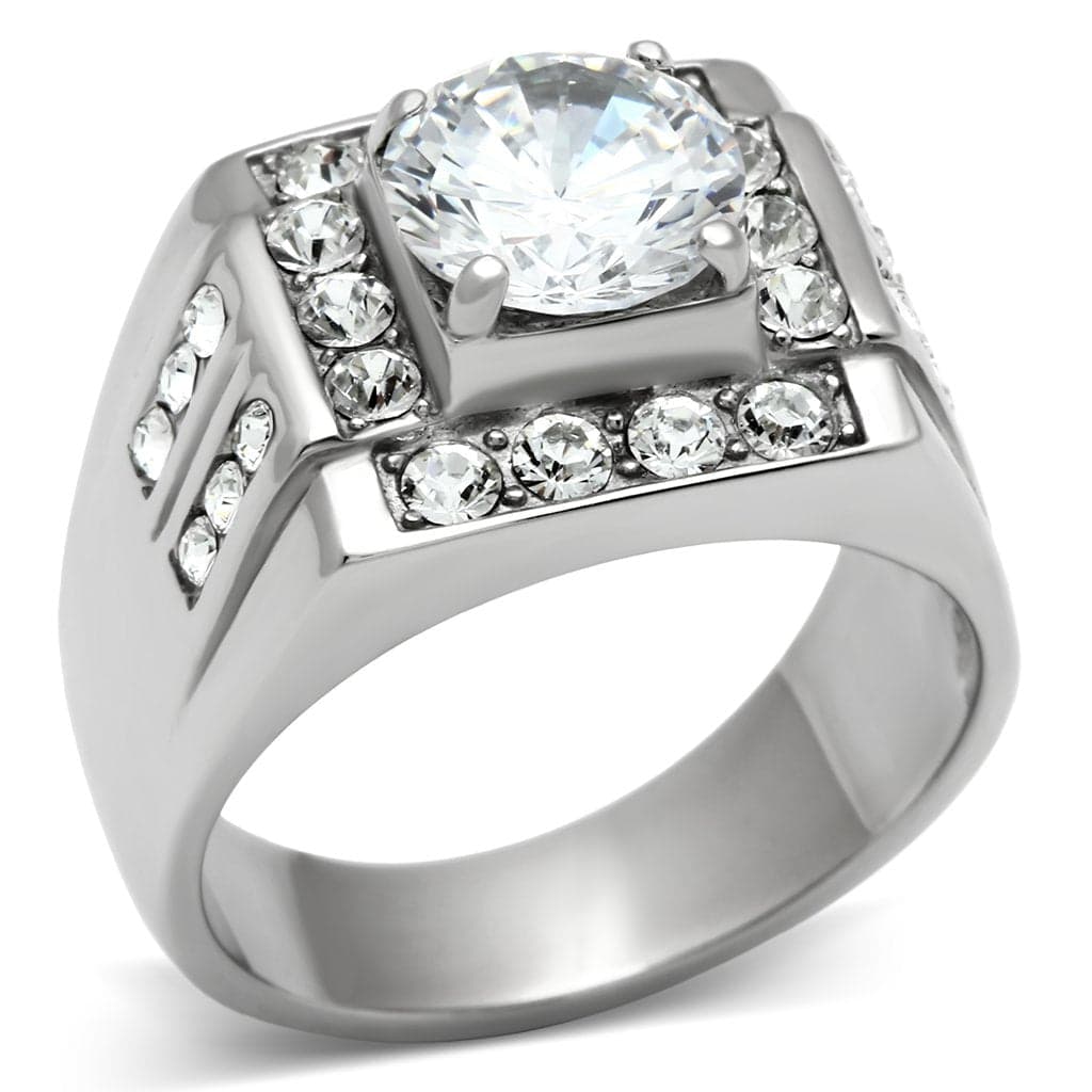 Stainless Steel CZ Round Square Halo Pave Mens Signet Ring