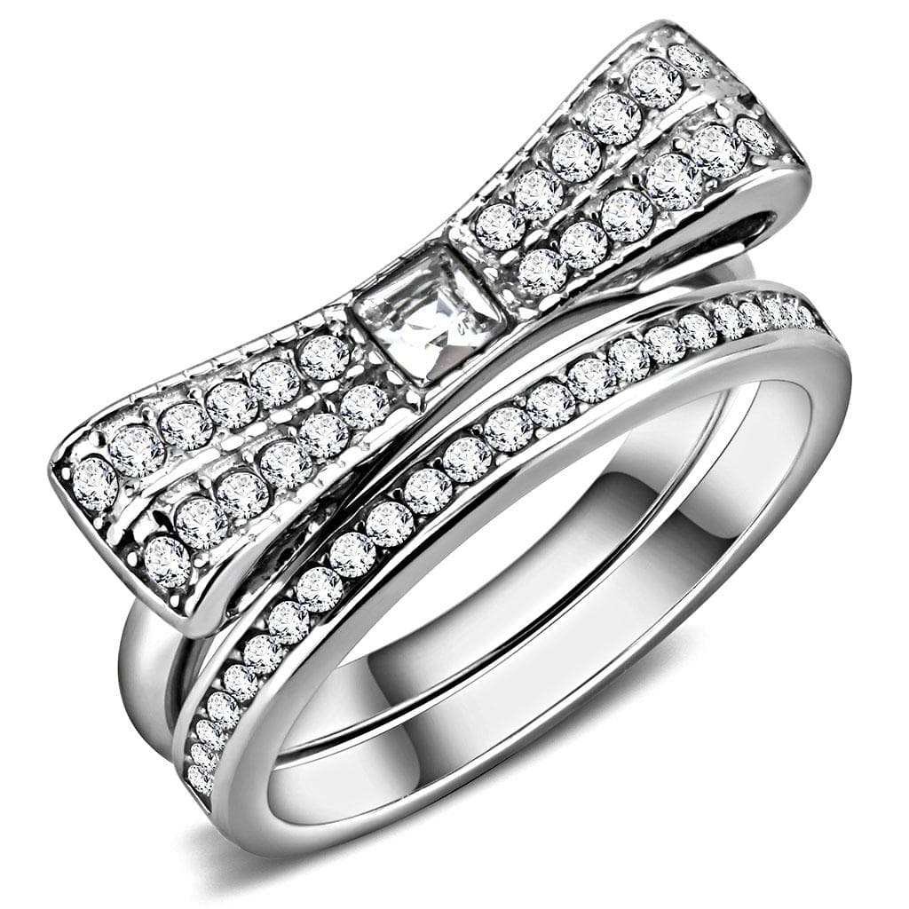 Stainless Steel CZ Baguette Princess Pave Bow Ribbon Ring