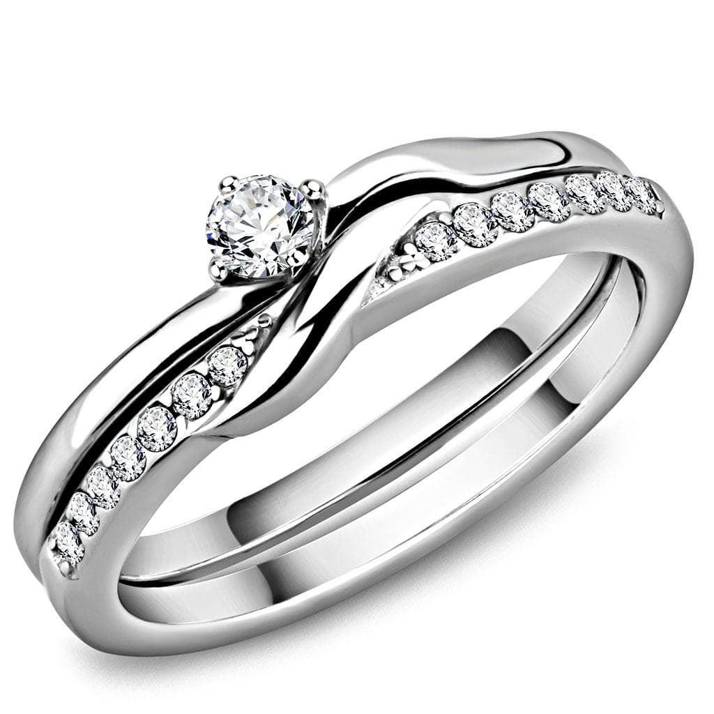 Stainless Steel CZ Round Pave Swirl Bypass Solitaire Stack Ring