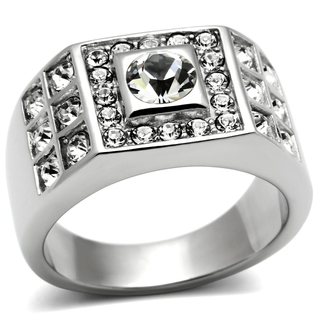 Stainless Steel CZ Round Square Halo Channel Pave Mens Ring