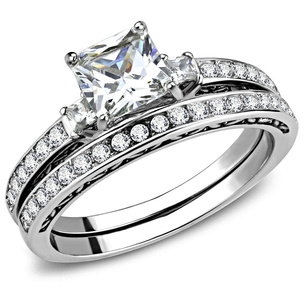 Stainless Steel CZ Princess Square Pave Channel Bridal Stack Ring