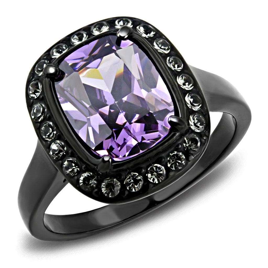 Stainless Steel Black IP Light Amethyst Cushion CZ Halo Ring