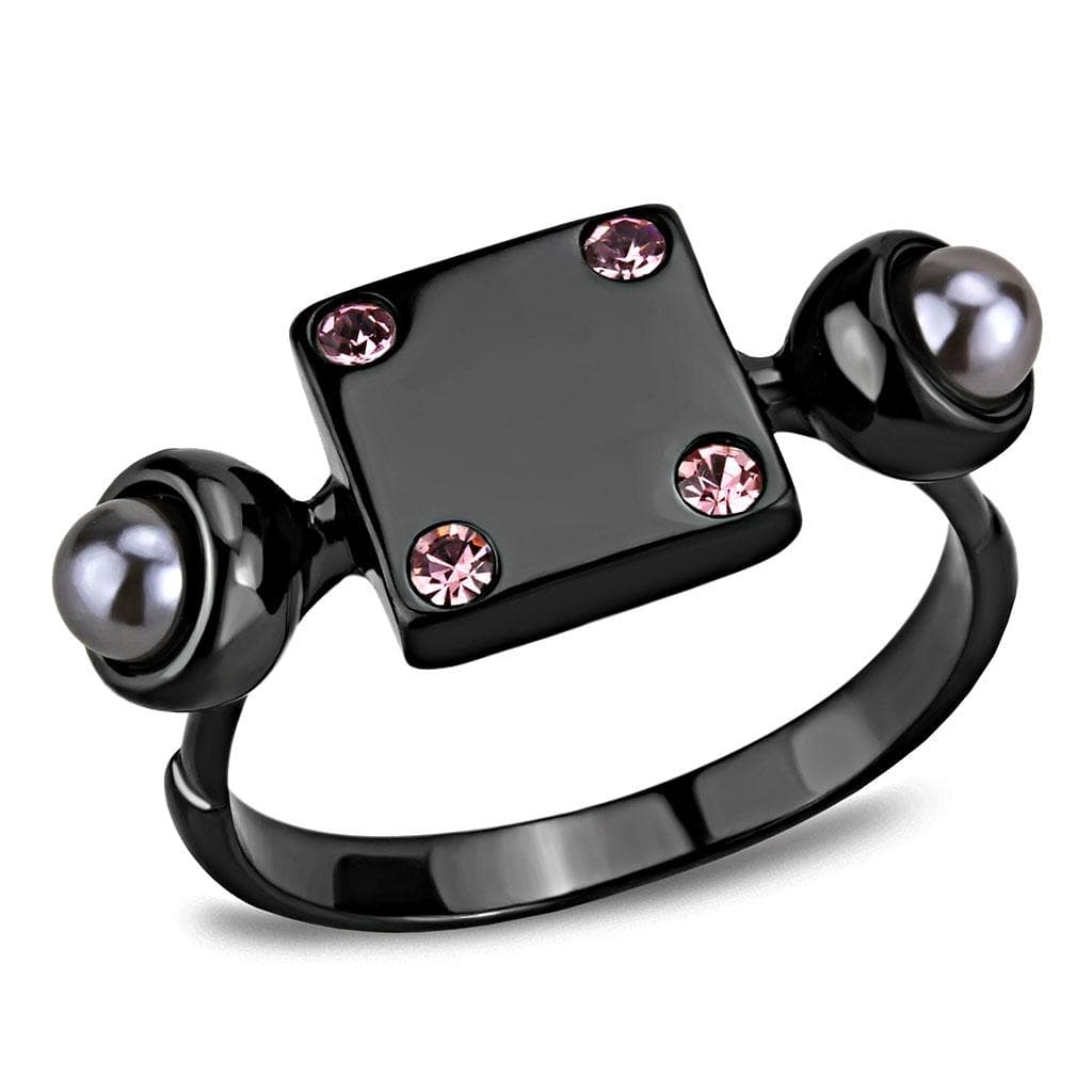 Stainless Steel Black IP Pink CZ Gray Pearl Square Geometric Ring