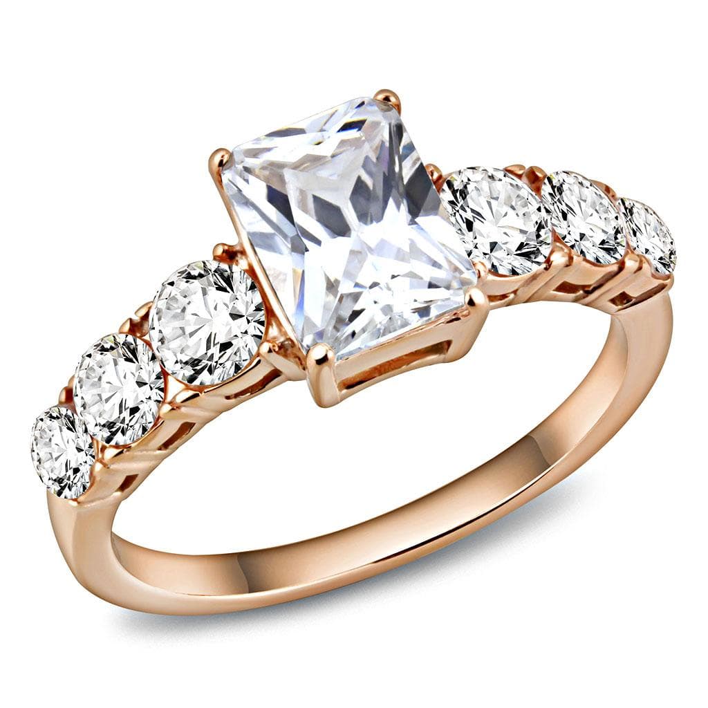 Stainless Steel Rose Gold IP CZ Princess Emerald Cut Pave Ring