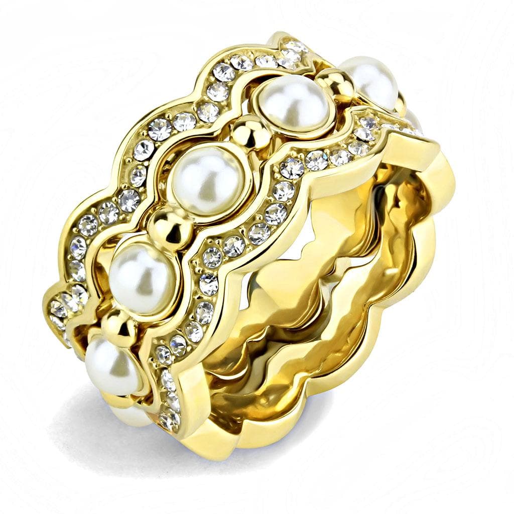 Stainless Steel Gold IP Pearl CZ Pave Scallop Wave Eternity Ring