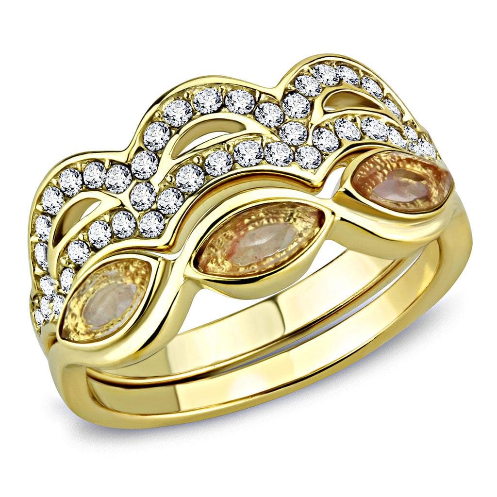 Stainless Steel Gold IP Champagne CZ Marquise Pave Infinity Ring