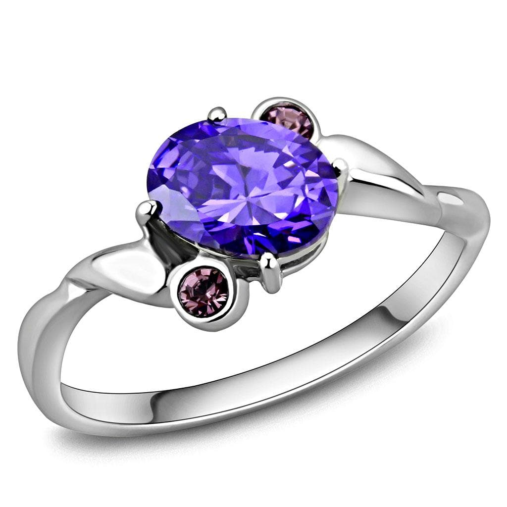 Stainless Steel Tanzanite Purple Oval CZ Pink Accent Bypass Ring