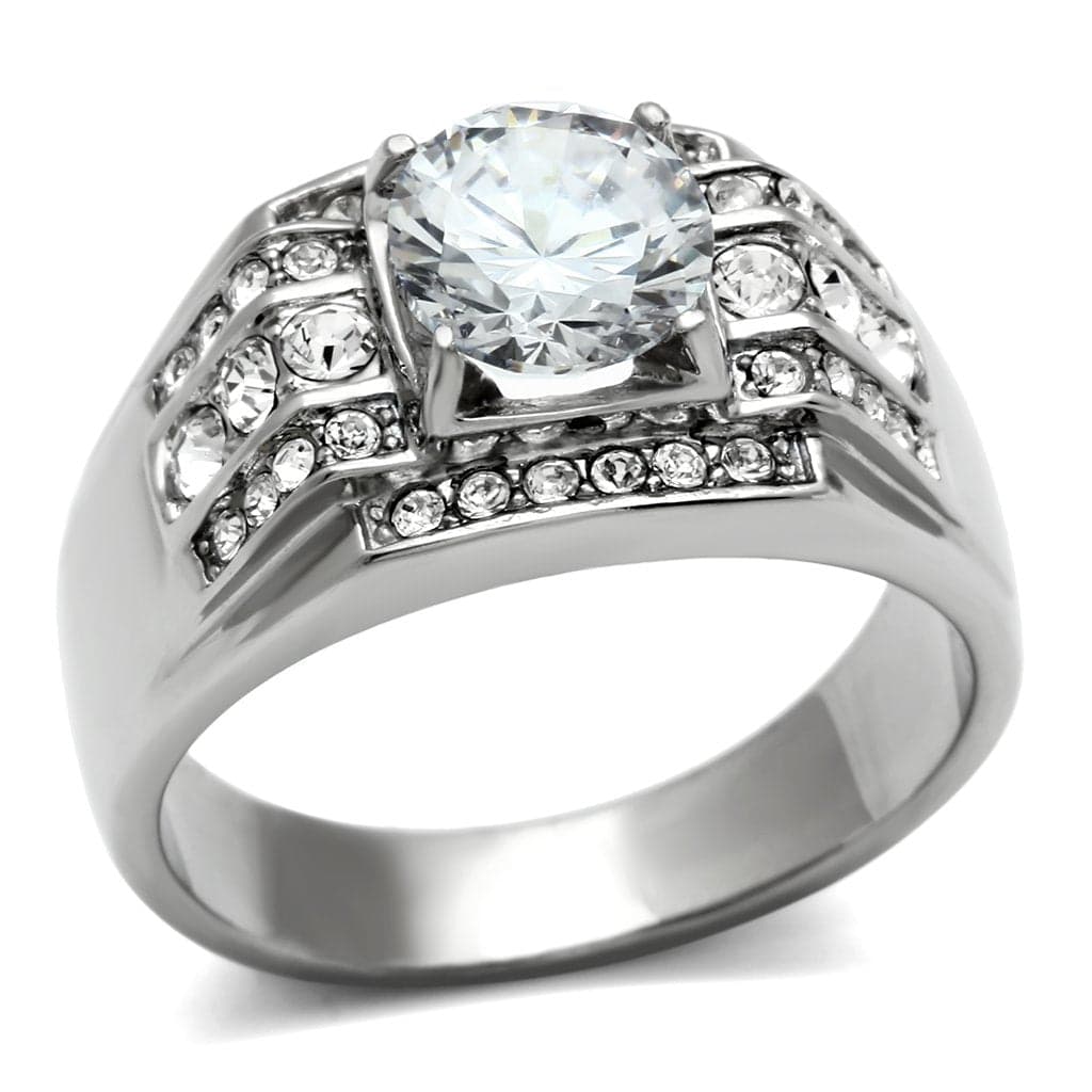 Stainless Steel CZ Round Square Halo Pave Wide Band Mens Ring