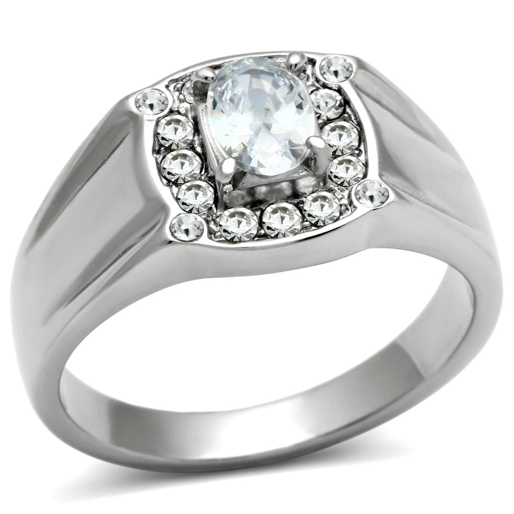 Stainless Steel CZ Round Bezel Halo Pave Wide Mens Signet Ring