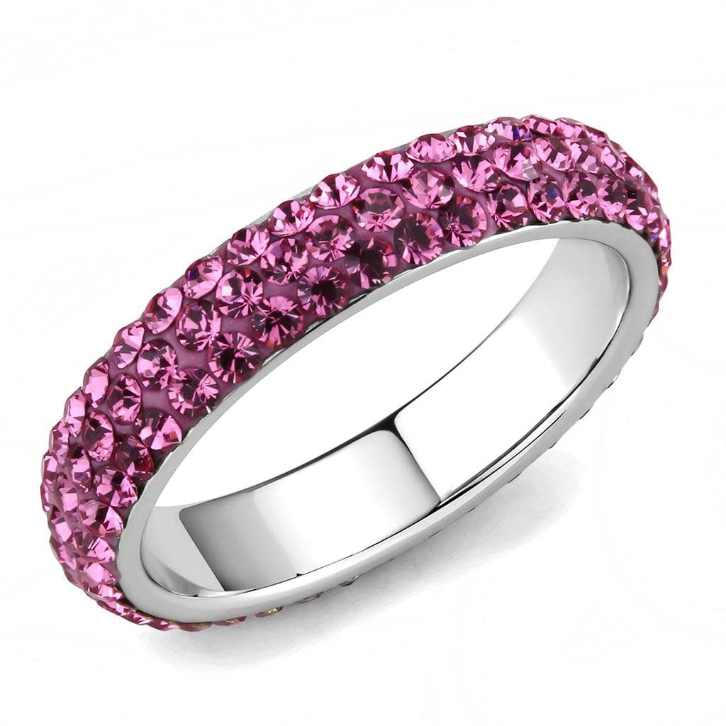 Stainless Steel Silver Rose Pink Crystal Pave Dome Eternity Ring