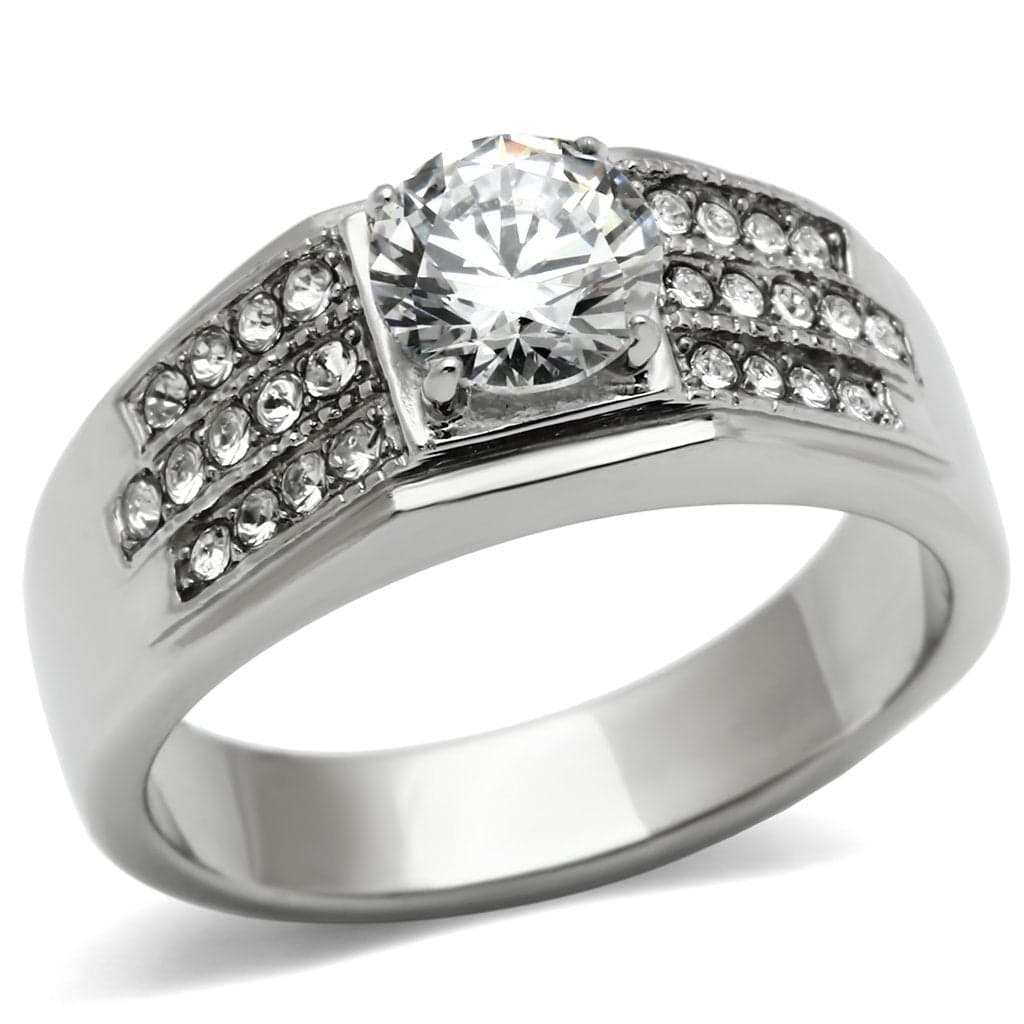 Stainless Steel CZ Round Pave Channel Wide Band Mens Ring