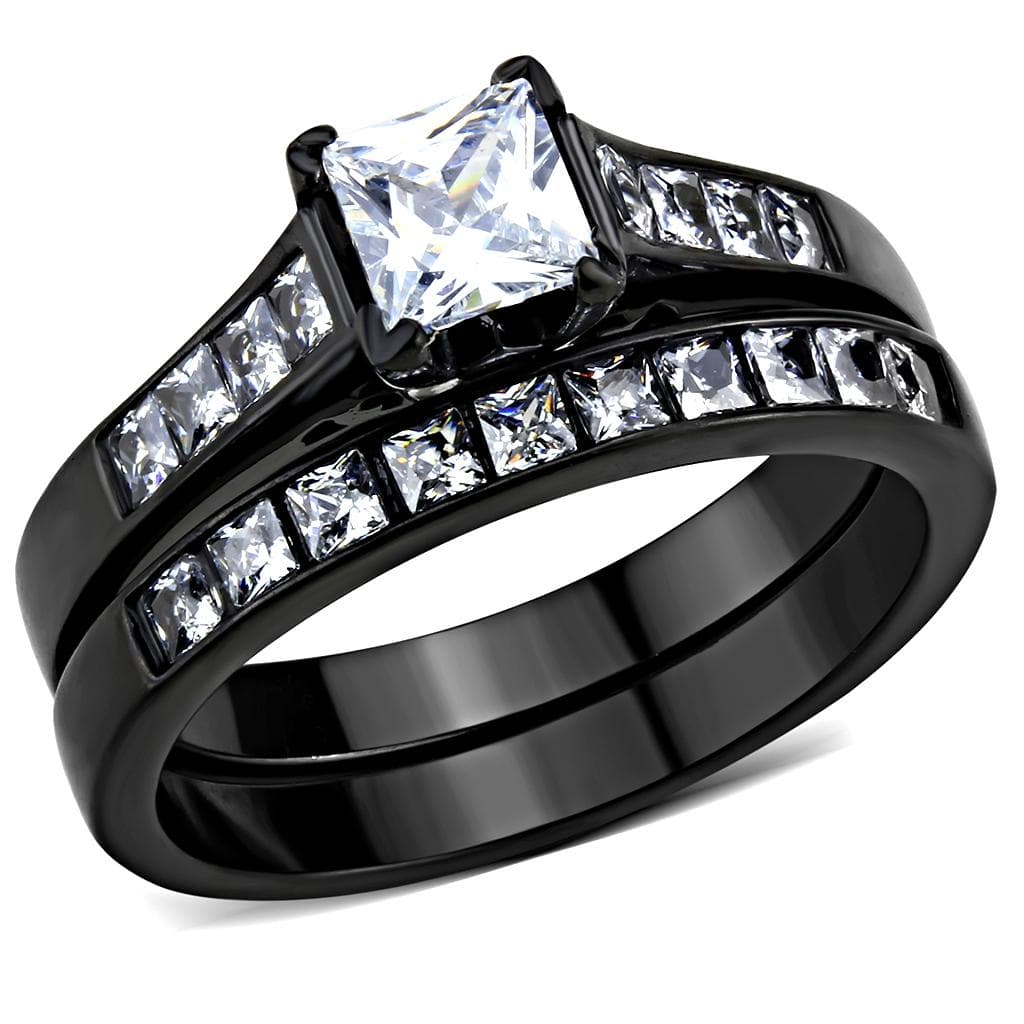 Stainless Steel Black IP CZ Princess Channel Solitaire Ring