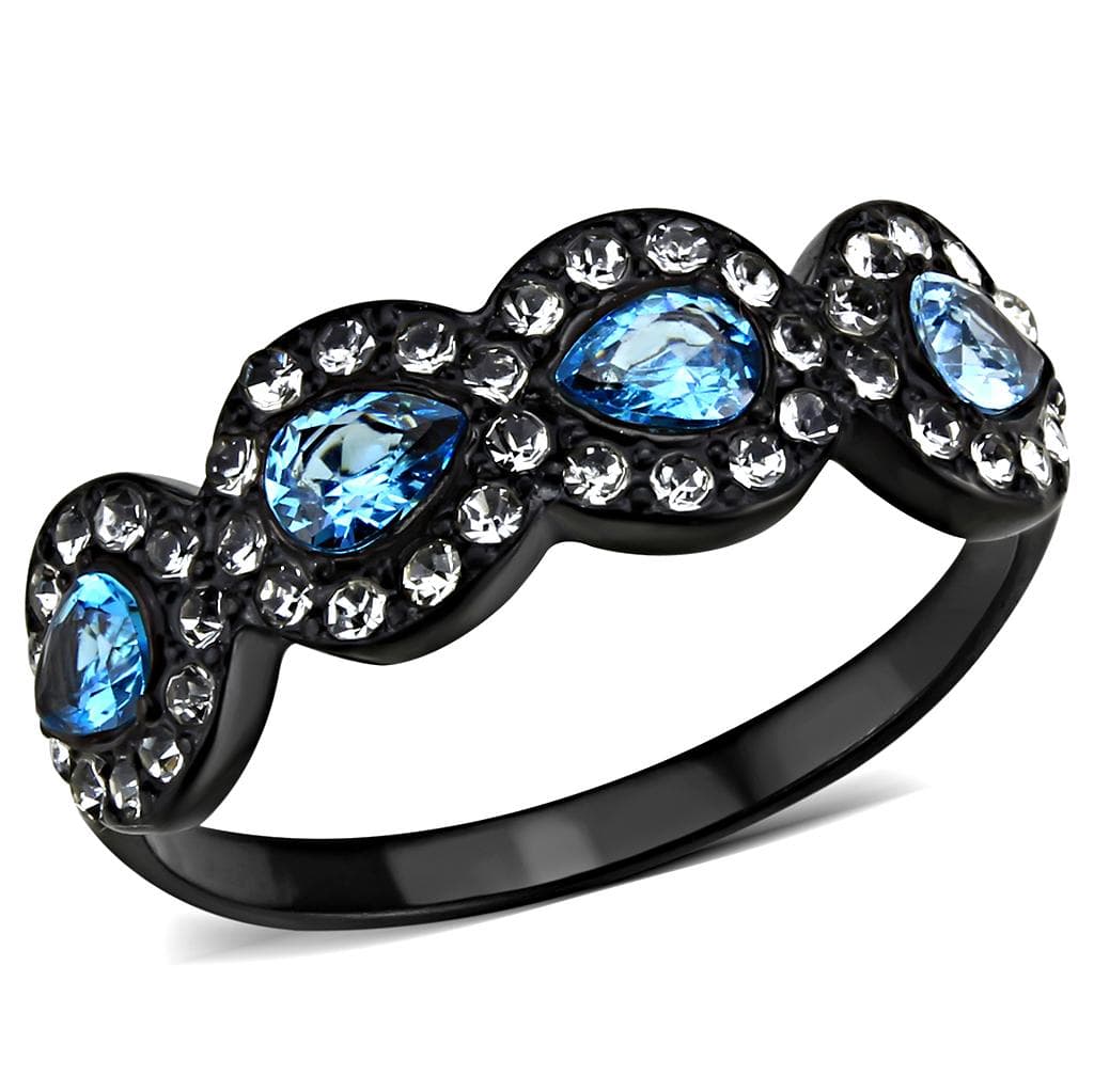 Stainless Steel Black IP Light Blue CZ Marquise Pave Triple Ring
