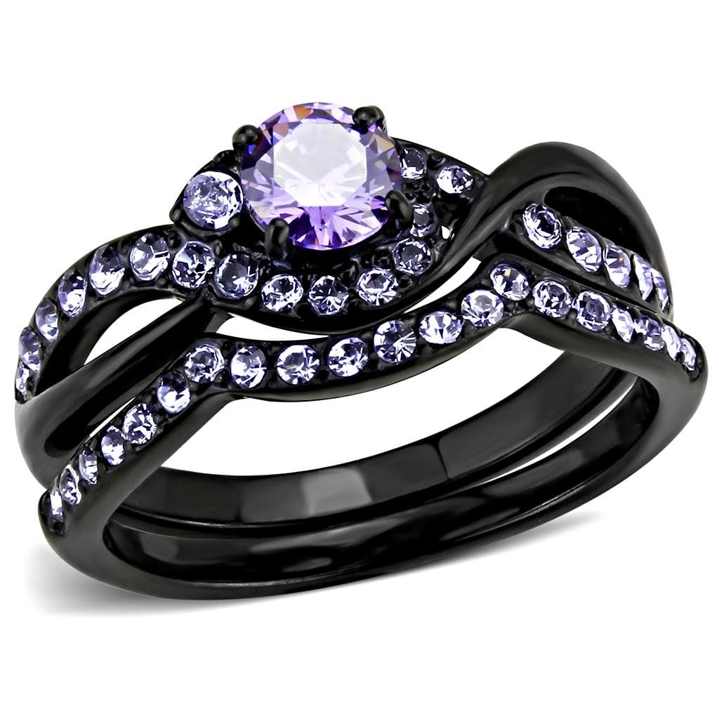 Stainless Steel Black IP Light Amethyst CZ Round Pave Swirl Ring