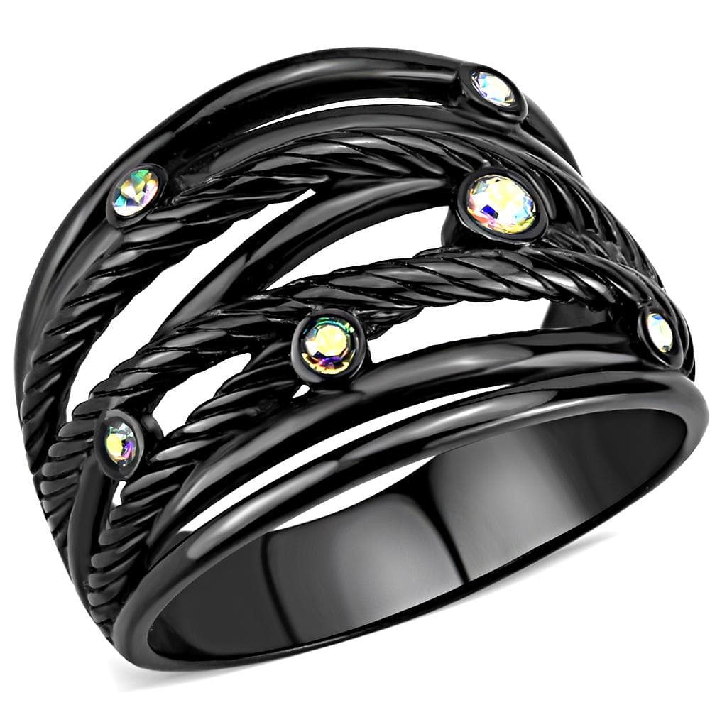 Stainless Steel Black IP Aurora Borealis Crystal Cable Wire Ring