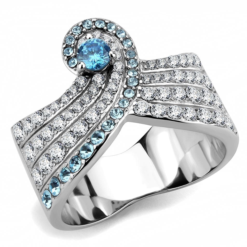 Stainless Steel Aquamarine CZ Round Pave Channel X Crossover Ring