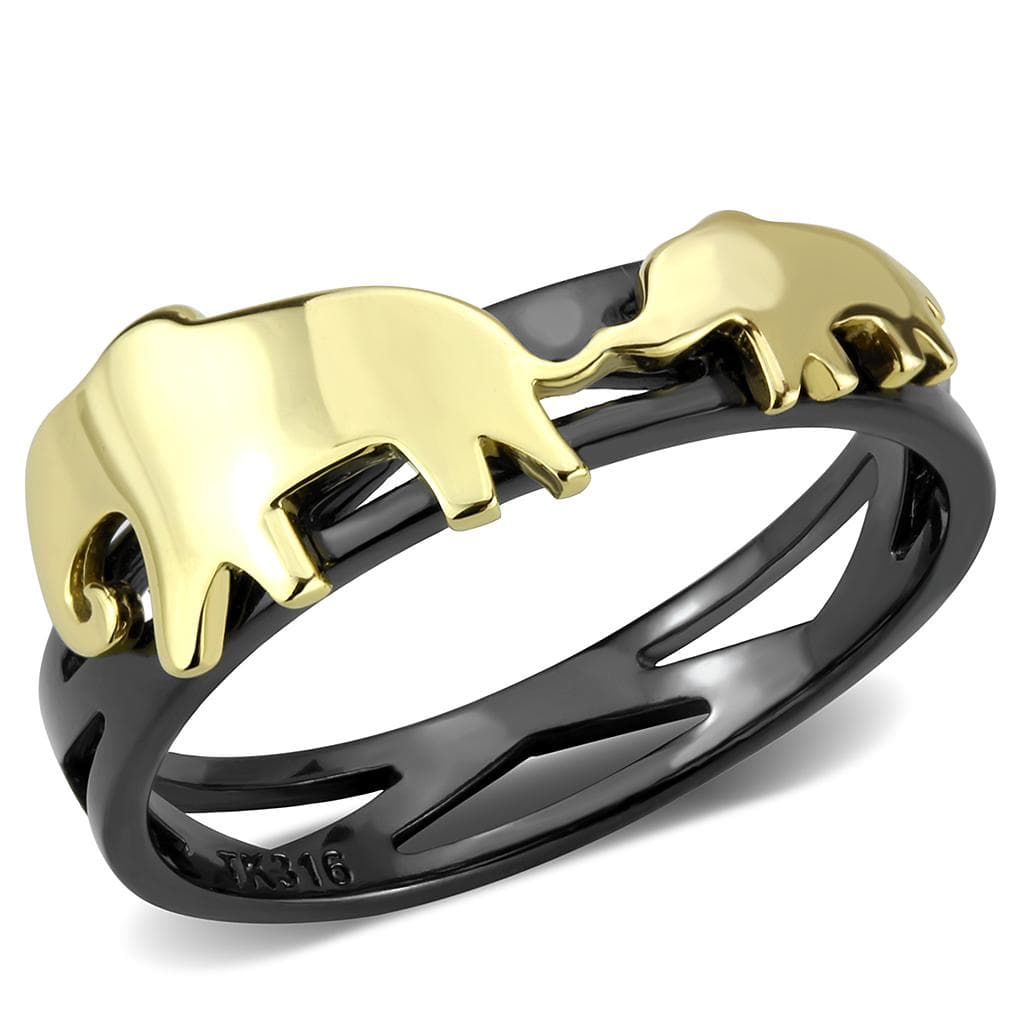 Stainless Steel Two-Tone Gold Black IP Elephant Cutout Open Ring