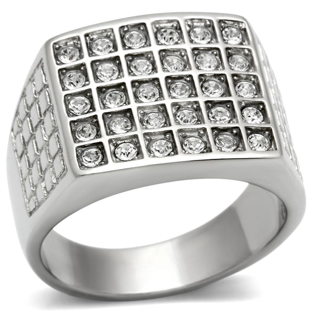 Stainless Steel CZ Pave Grid Square Checkerboard Mens Signet Ring