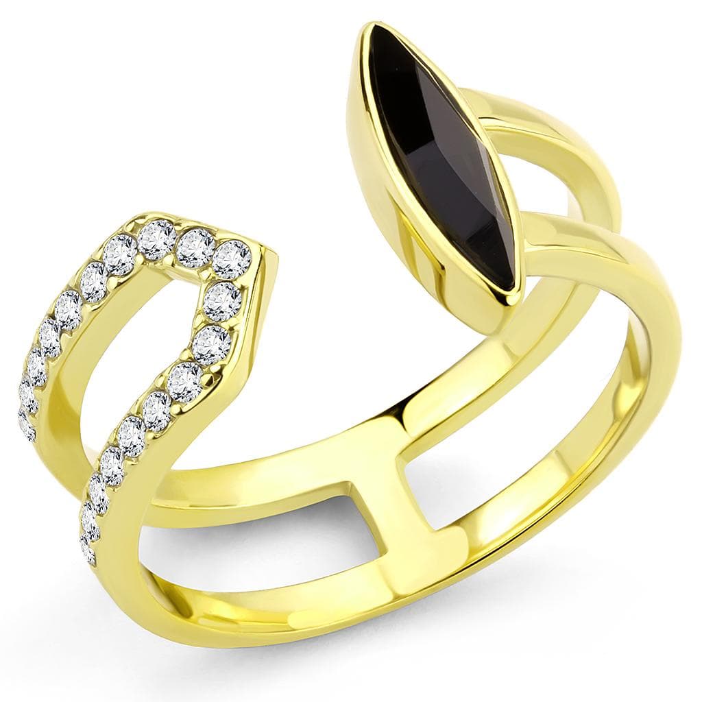 Stainless Steel Gold IP Black Onyx Marquise CZ Pave Swirl Ring