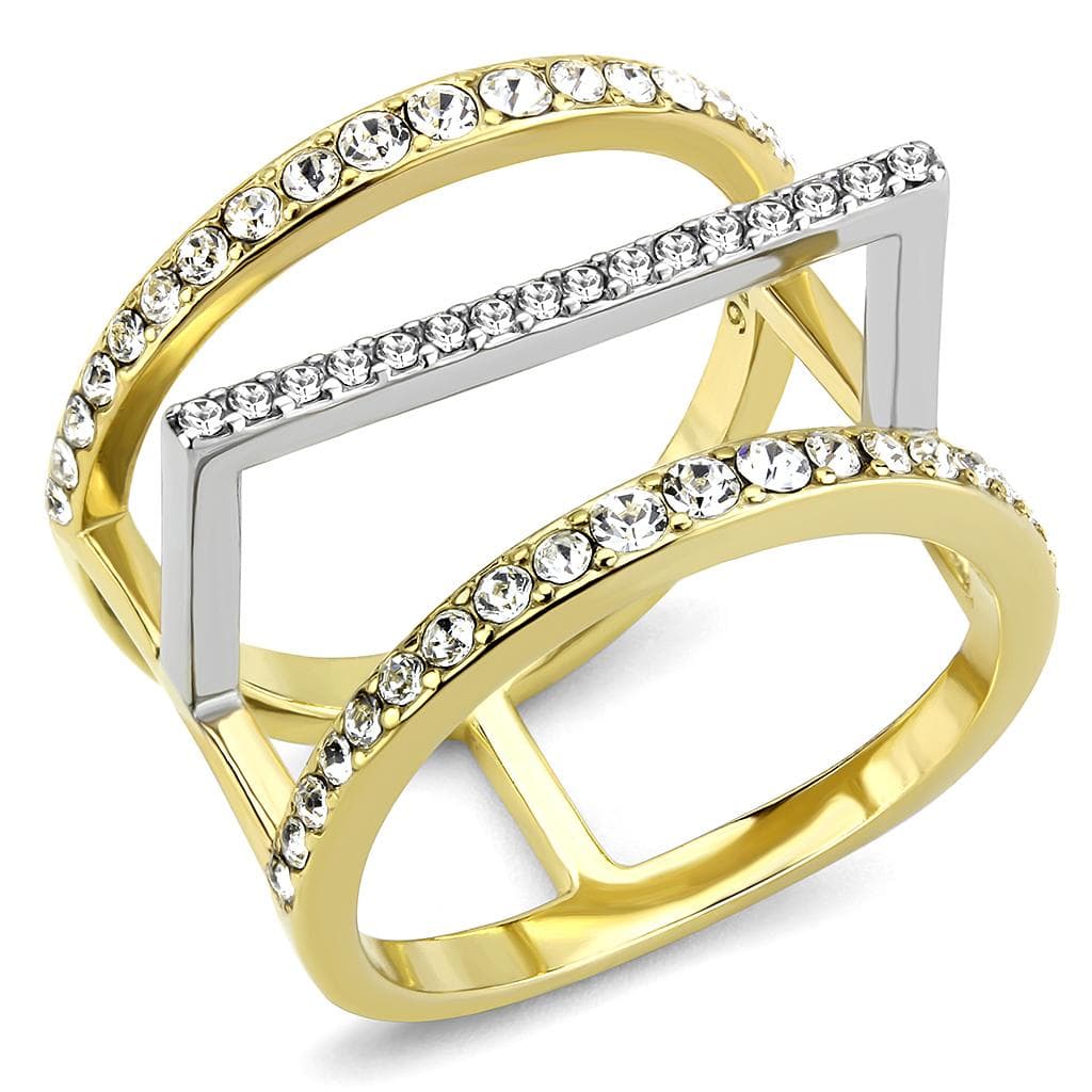 Stainless Steel Two-Tone Gold Silver CZ Pave Rectangle Ring